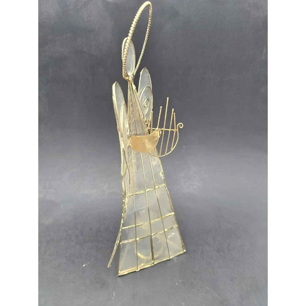 Capiz Shell Angel Tea Light Candle Holder Set Of 3 Gold Tone Wire Harp Book